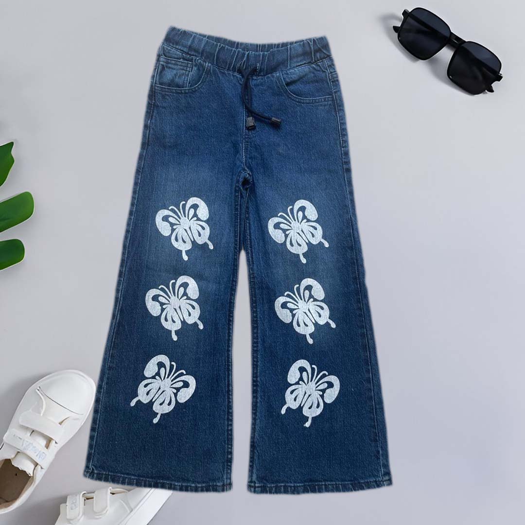 GIRLS MID BLUE BUTTERFLY PRINTED DENIM JEANS FLAPPER