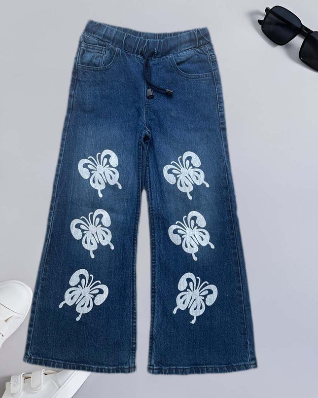 GIRLS MID BLUE BUTTERFLY PRINTED DENIM JEANS FLAPPER