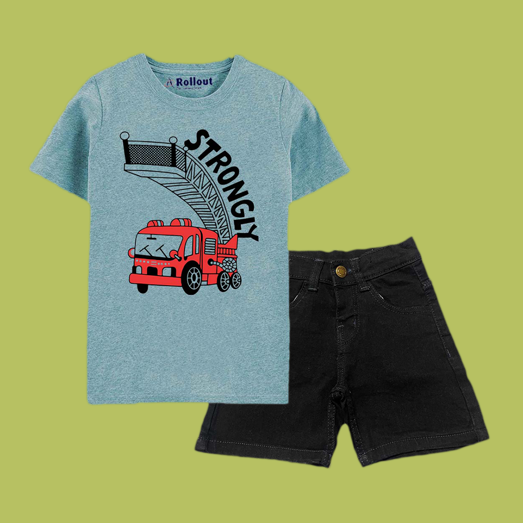 Mid blue (strong bus) tshirt &black denim jeans shorts set