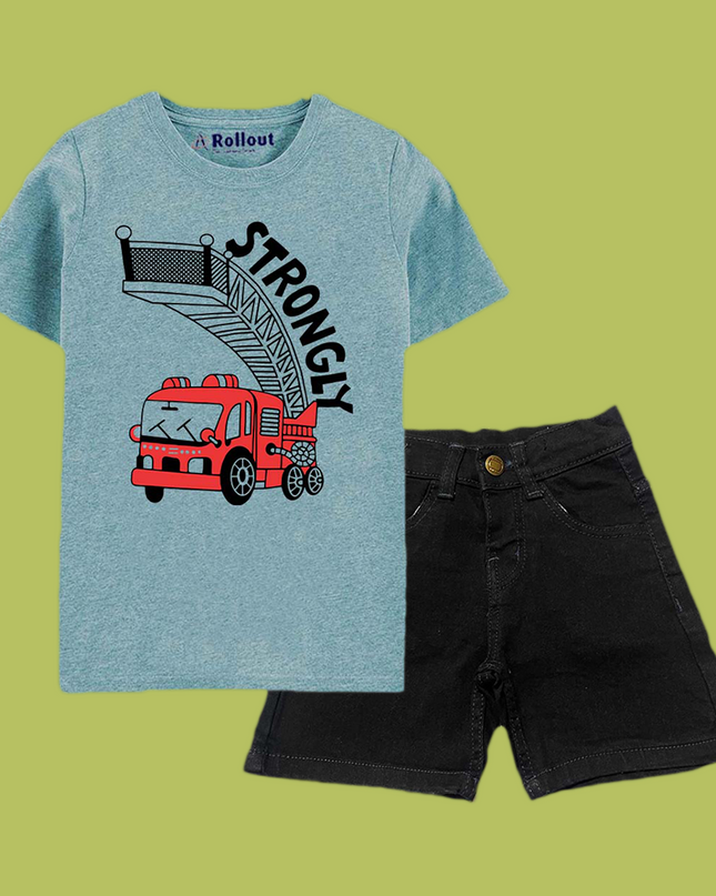 Mid blue (strong bus) tshirt &black denim jeans shorts set