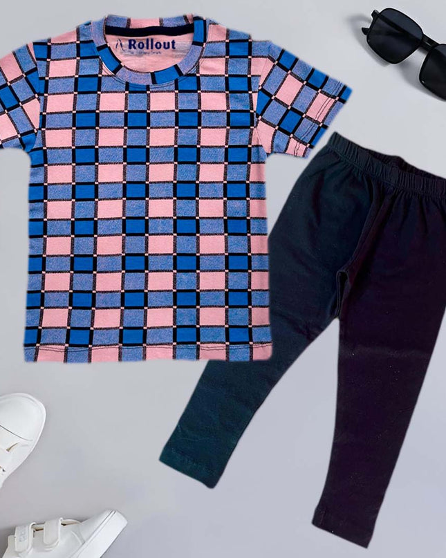 Pink +blue checkboard Tshirt set