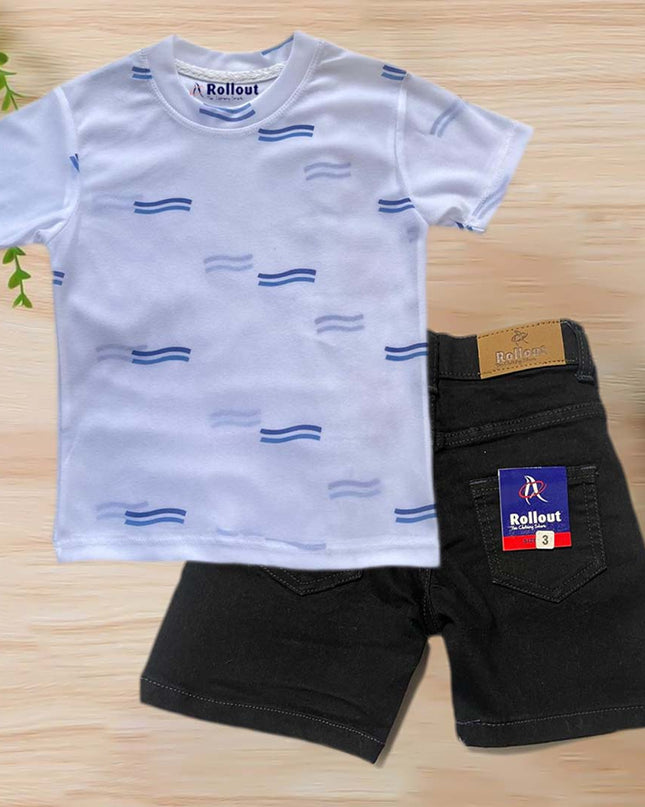 White Tshirt with Black denim jeans shorts set