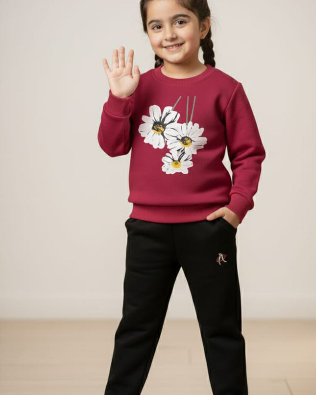 Girls marone(wine) flowers  sweatshirts set
