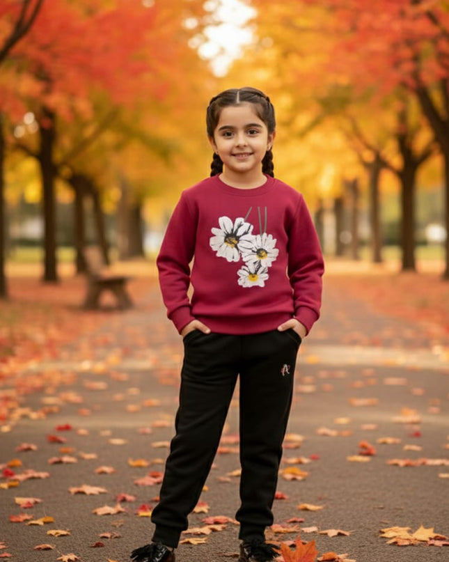 Girls marone(wine) flowers  sweatshirts set