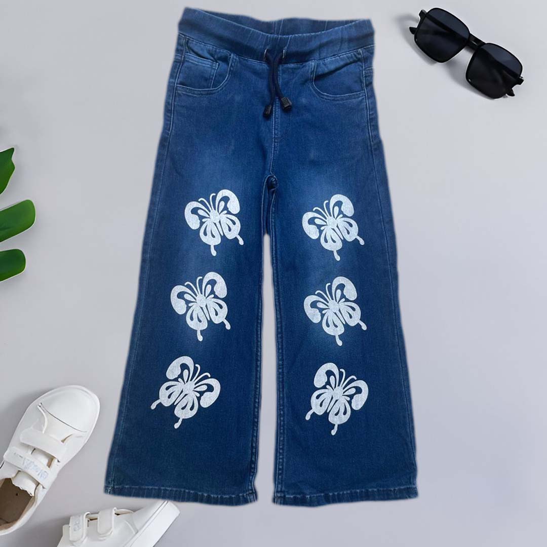 GIRLS DARK BLUE BUTTERFLY PRINTED DENIM JEANS FLAPPER
