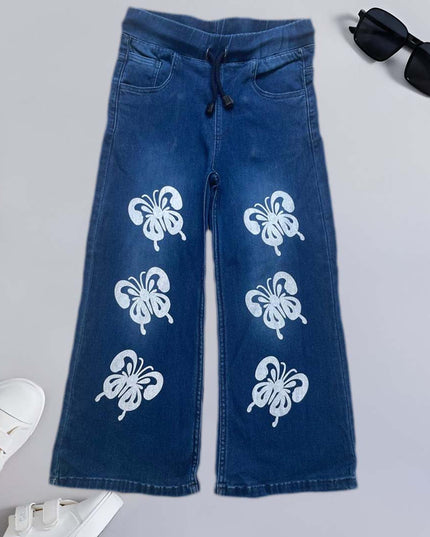 GIRLS DARK BLUE BUTTERFLY PRINTED DENIM JEANS FLAPPER