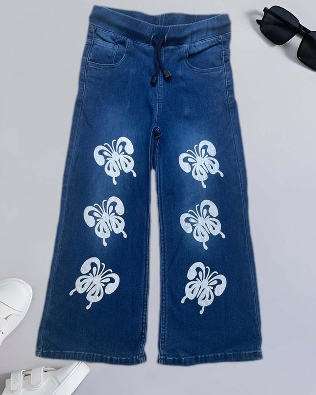 GIRLS DARK BLUE BUTTERFLY PRINTED DENIM JEANS FLAPPER