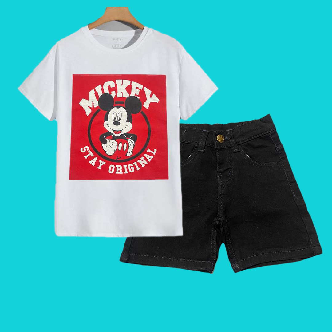 white mickey tshirt &black denim jeans short set