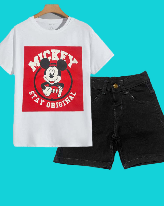 white mickey tshirt &black denim jeans short set