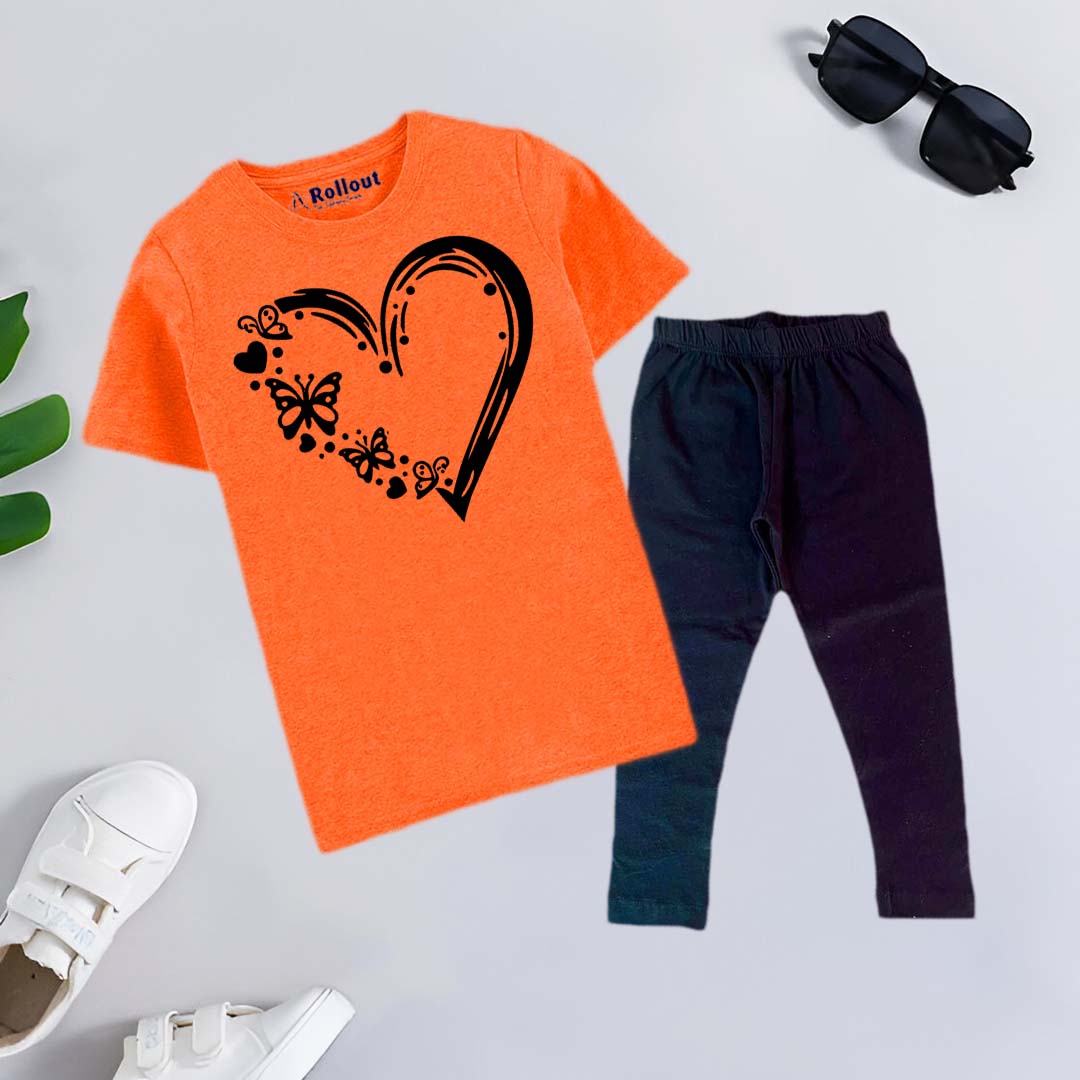 Orange Heart printed Tshirt & black trouzr set