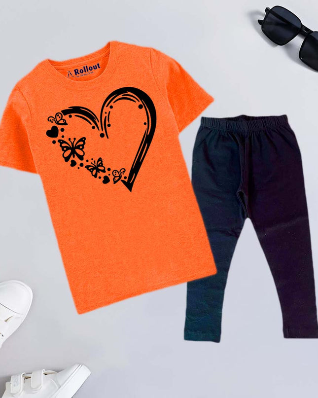 Orange Heart printed Tshirt & black trouzr set