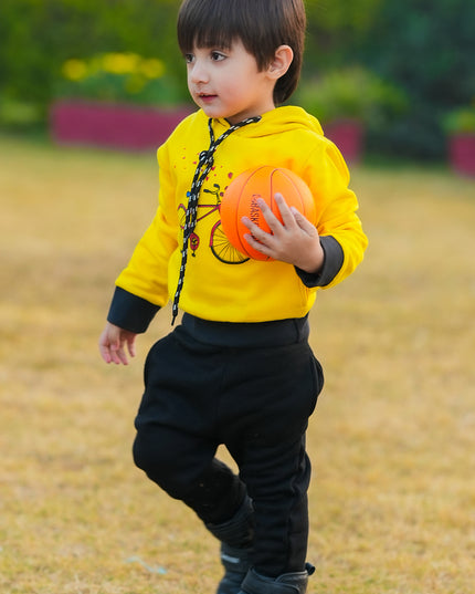yellow (cycle printed)hoodie and black trouzr set