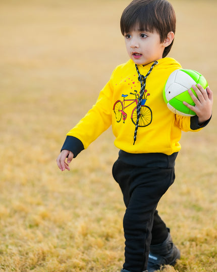 yellow (cycle printed)hoodie and black trouzr set